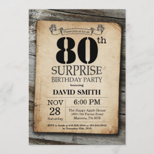 Surprise Rustic 80e anniversaire Invitation Vintag