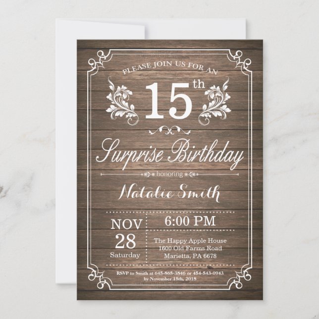 Surprise Rustique 15e anniversaire Invitation Flor (Devant)
