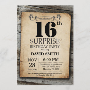 Surprise Rustique 16e anniversaire Invitation Vint