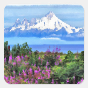 Surreal Alaskan Wilderness Gemälde Quadratischer Aufkleber