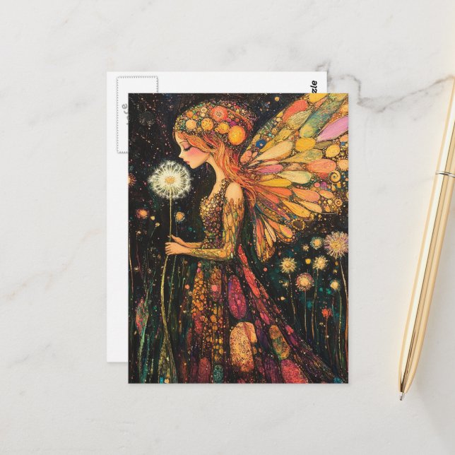 Surreal Beautiful Colorful Dandelion Fairy Postkarte (Vorderseite/Rückseite Beispiel)