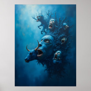 Surreal Blue Screening Creatures Poster
