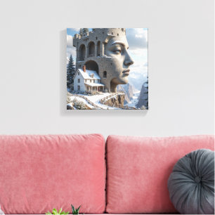 Surreal Castle Face in Snowy Mountains - Fantasie Leinwanddruck