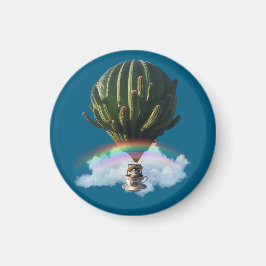 Surreal Cat Hot Air Ballon mit Kaktus & Regenbogen Magnet
