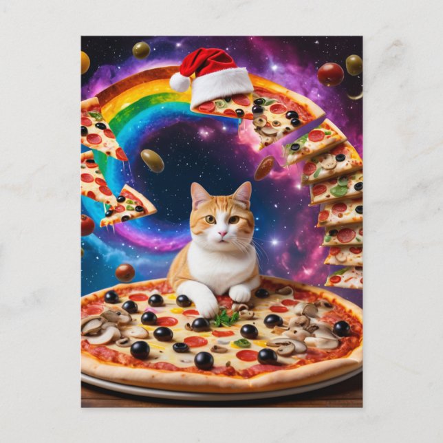 Surreal Cat on a Flying Pizza Weihnachten Postkarte (Vorderseite)