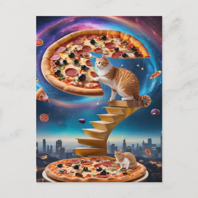 Surreal Cat on Pizza Golden Stairs Postkarte (Vorderseite)