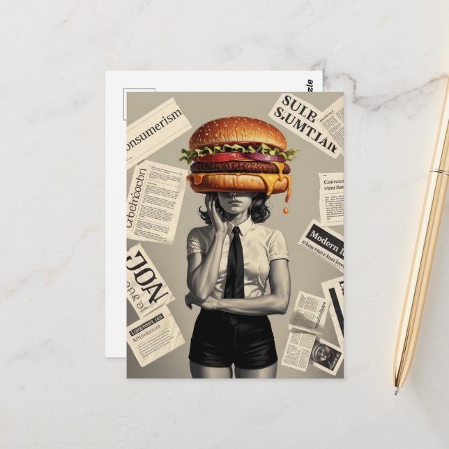Surreal Cheeseburger Woman Collage News Postkarte (Vorderseite/Rückseite Beispiel)