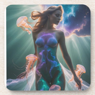 Surreal Double Exposure of Woman and Jellyfish Getränkeuntersetzer