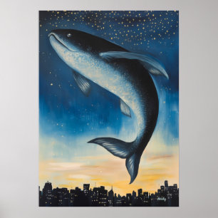 Surreal Dreamscape Fisch schweben über urbanem Sky Poster