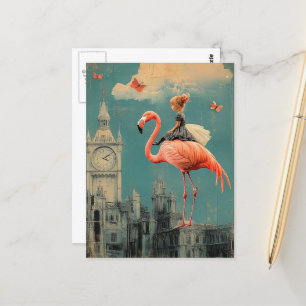 Surreal Fantasy Child Rides auf einem rosa Flaming Postkarte