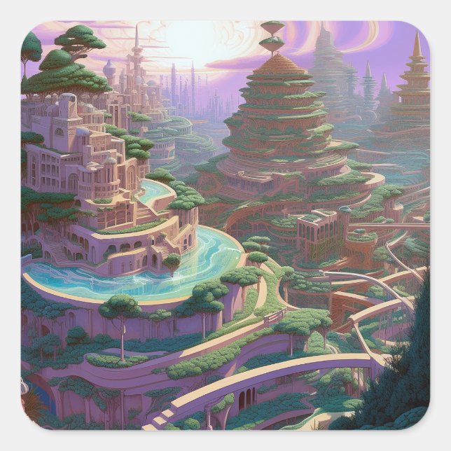 Surreal Fantasy City Quadratischer Aufkleber (Vorderseite)