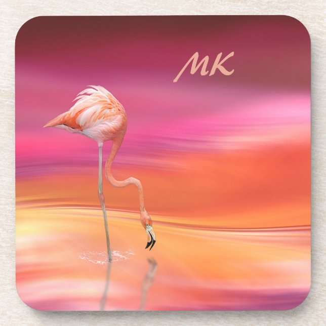 Surreal Fantasy Pink Flamingo Mit Monogramm Getränkeuntersetzer (Vorderseite)
