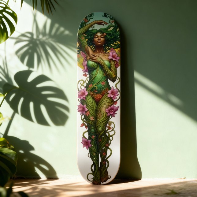 Surreal Floral Black Woman Portrait Skateboard (Von Creator hochgeladen)