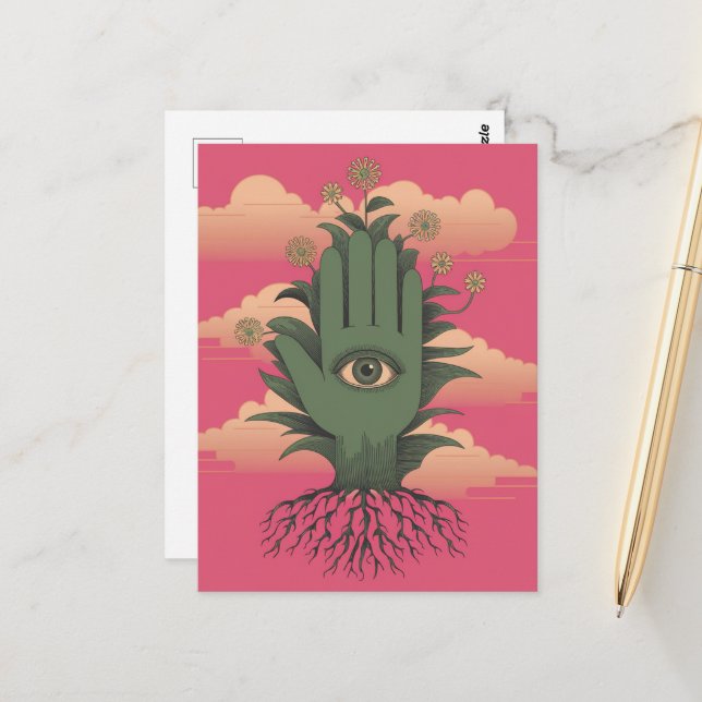 Surreal Gardene grüne Hand mit Blume Postkarte (Vorderseite/Rückseite Beispiel)