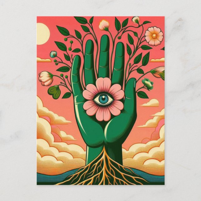 Surreal Gardeners Green Hand Pink Sky Postkarte (Vorderseite)