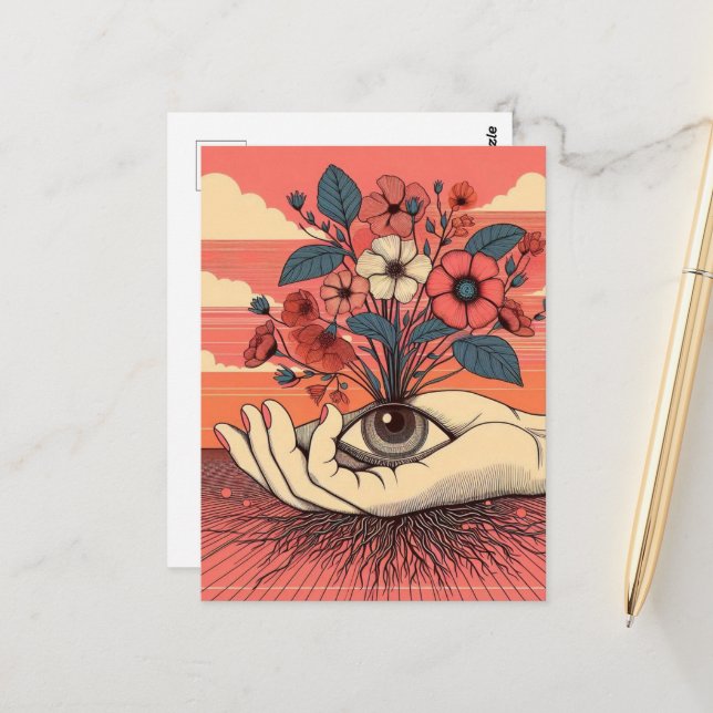 Surreal Gardeners Hand mit Auge Postkarte (Vorderseite/Rückseite Beispiel)