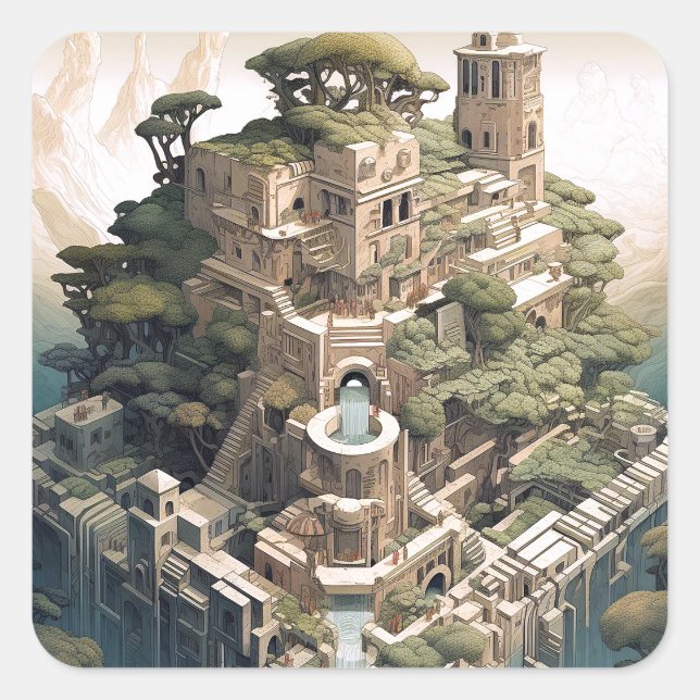 Surreal Geometric City Landscape Fantasy Art Quadratischer Aufkleber (Vorderseite)