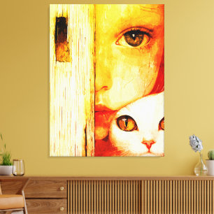 Surreal Girl and Cat Wall Art - Grüne Augen Fantas Leinwanddruck