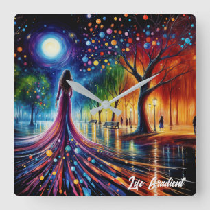 Surreal Girl Fantasy Mondlichtpark Regenbogenbäume Quadratische Wanduhr