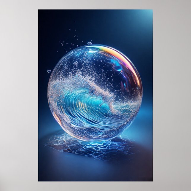Surreal Glaskugel mit dynamischen Wasserwellen Poster (Vorne)