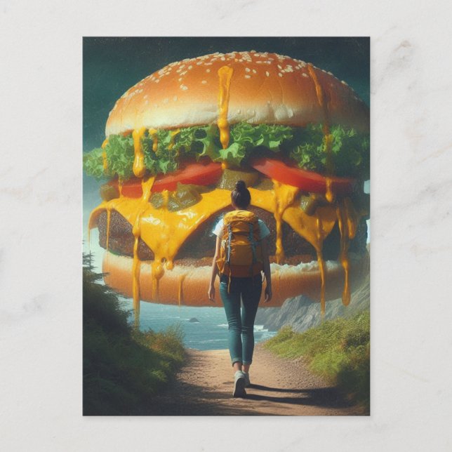 Surreal Hiker Dreaming von Riesenkäseburger Postkarte (Vorderseite)