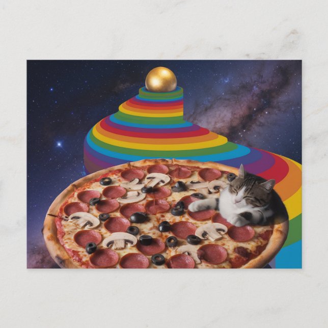 Surreal Katze Schlafen auf Pizza Postkarte (Vorderseite)