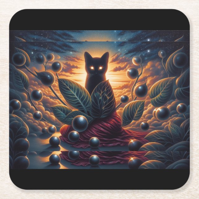 Surreal Kosmische Katze mit leuchtenden Augen und  Rechteckiger Pappuntersetzer (Vorderseite)