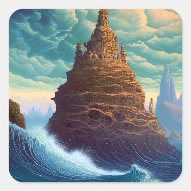 Surreal Landscape Towering City Fantasy Art Quadratischer Aufkleber (Vorderseite)