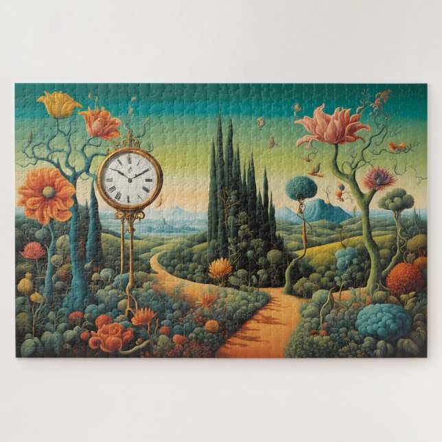 Surreal Landscape with Clock and Cypress Trees (Horizontal)