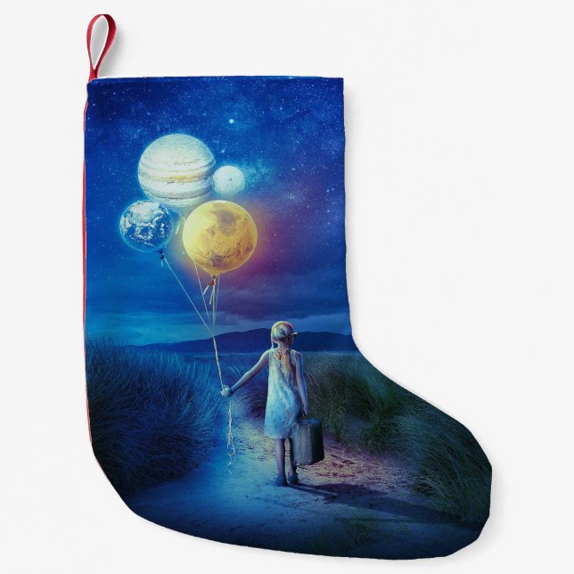 Surreal Little Girl Verlasse Zuhause für andere We Kleiner Weihnachtsstrumpf (Vorderseite)