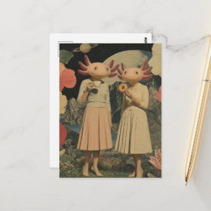Surreal lustiges Paar Axolotl Frühstück Collage Postkarte