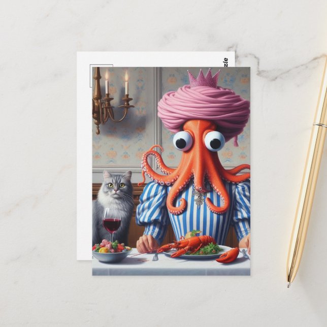 Surreal Meeresfrüchte Meeres-Oktopus Frau Pink Cro Postkarte (Vorderseite/Rückseite Beispiel)