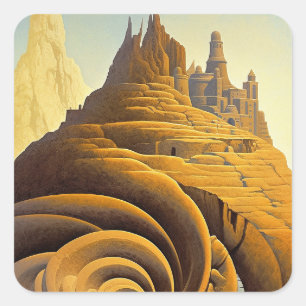 Surreal Mountain City Fantasy Art Quadratischer Aufkleber