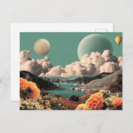 Surreal Mountain Landscape with Planets and Clouds Postkarte