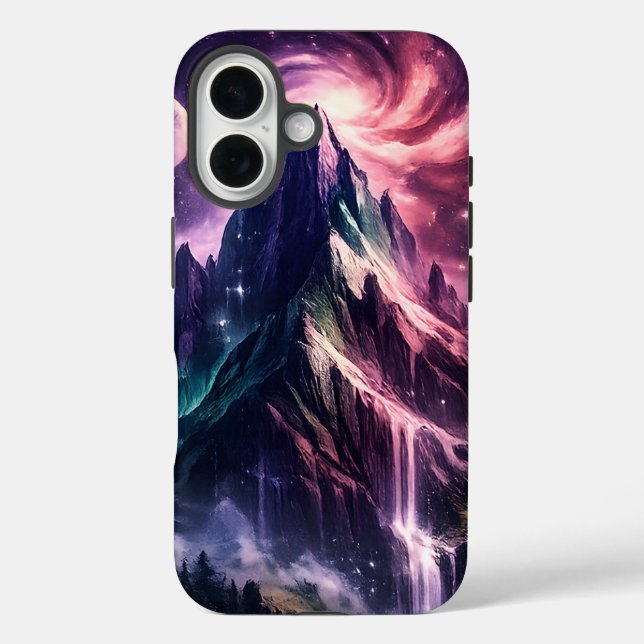 Surreal Mountain Nebula – Cosmic Nature Art Design iPhone 16 Hülle (Rückseite)