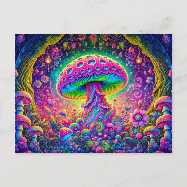 Surreal Mushroom Dream Psychedelic Colors in Fanta Postkarte (Vorderseite)