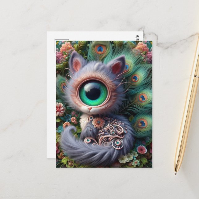 Surreal One Mit Augen Gray Kitty Postkarte (Vorderseite/Rückseite Beispiel)