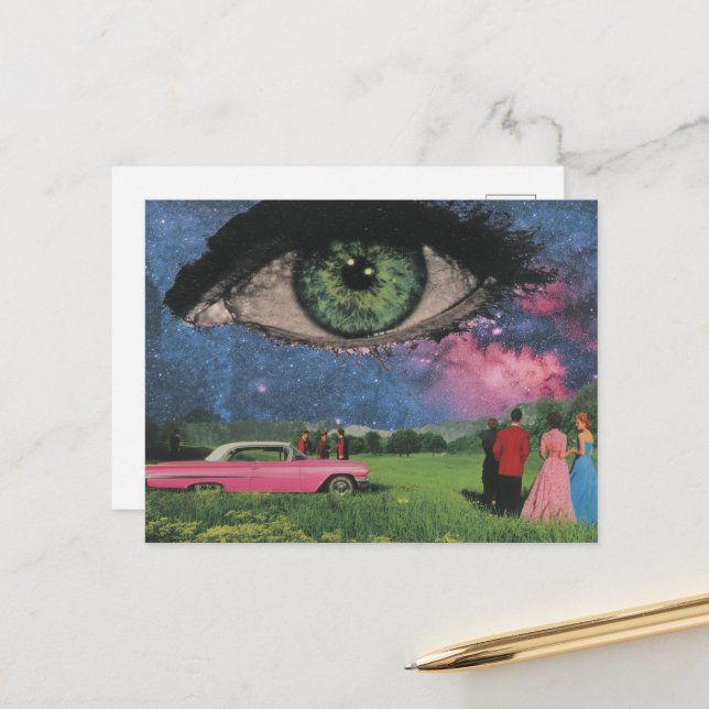 Surreal Party Retro People and Car Eye in Sky Postkarte (Vorderseite/Rückseite Beispiel)