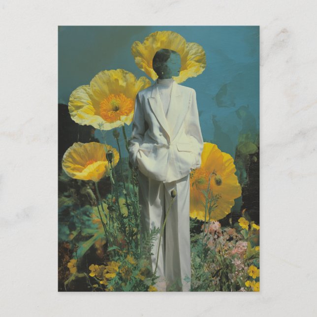 Surreal Person in Gelben Mohnblüten Blume Postkarte (Vorderseite)