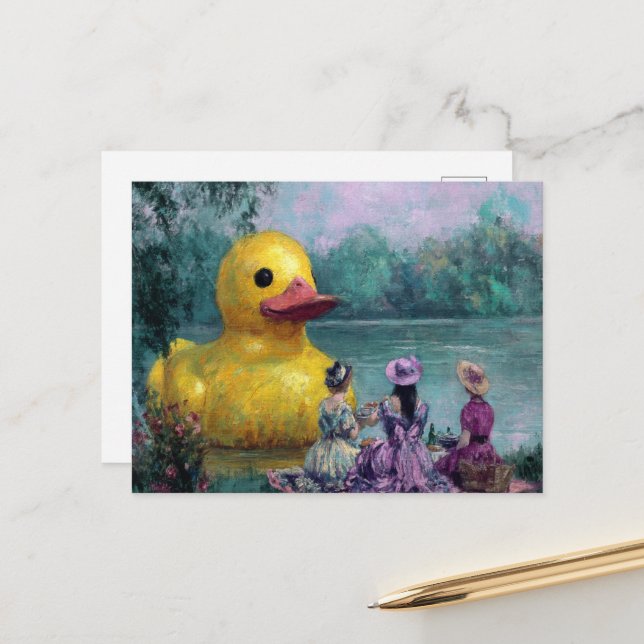 Surreal Picnic mit Riesenente Postkarte (Vorderseite/Rückseite Beispiel)