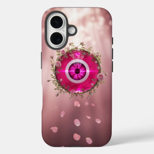 Surreal Pink Evil Eye with Rose Vines iPhone 16 Hülle (Rückseite)