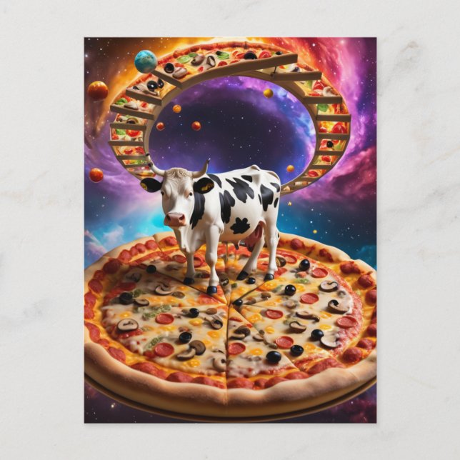 Surreal Pizza Kuh farbenfrohe Collage Postkarte (Vorderseite)