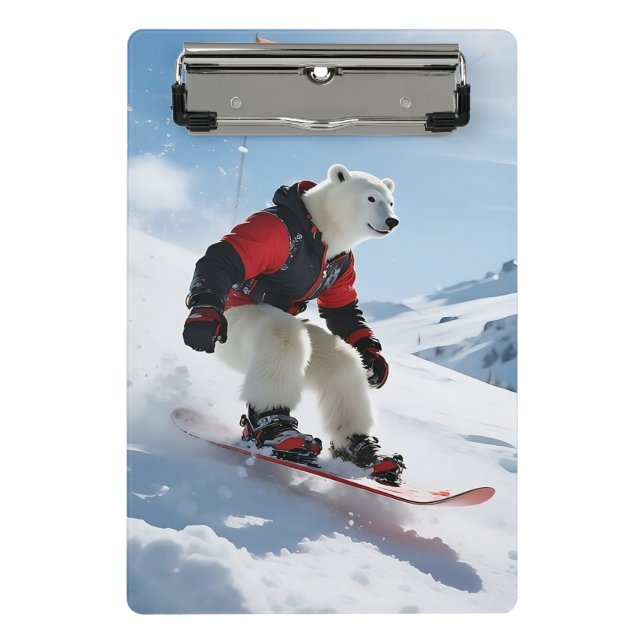 Surreal Polarbär Snowboarden Winterabenteuer Mini Klemmbrett (Vorderseite)