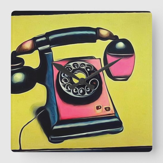 Surreal Pop Art Retro Telefon 6 Quadratische Wanduhr (Vorderseite)
