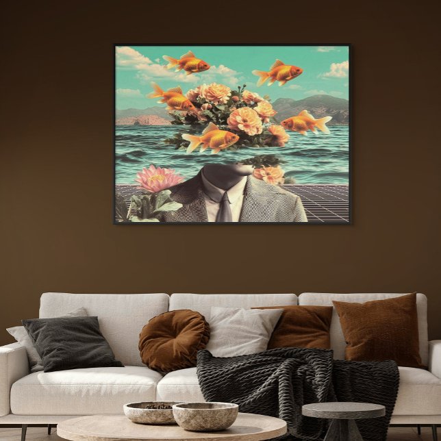 Surreal Portrait With Goldfish Flowers And Ocean Poster (Surreal Portrait With Goldfish Flowers And Ocean)