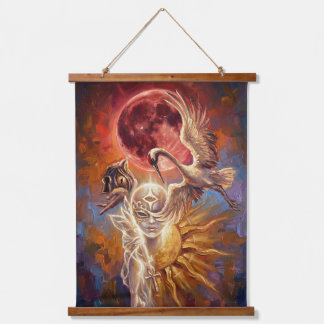 Surreal Red Moon & Crane Wall Art Wandteppich Mit Holzrahmen