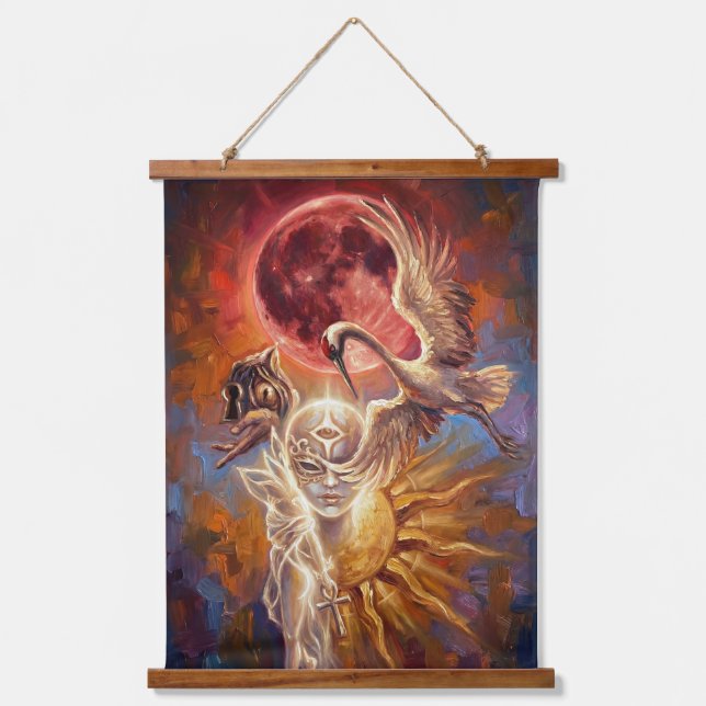 Surreal Red Moon & Crane Wall Art Wandteppich Mit Holzrahmen (Vorderseite)