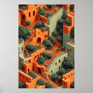 Surreal Reihendorf mit Bäumen und Treppen Poster