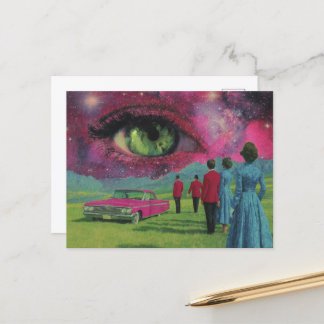 Surreal Retro Menschen und Auto mit grünem Auge Postkarte