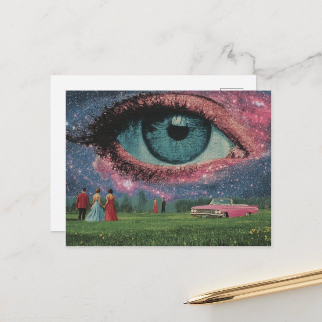 Surreal Retro People and Car with Eye in Sky Postkarte (Vorderseite/Rückseite Beispiel)
